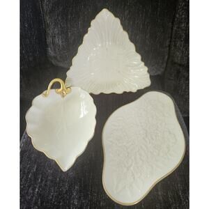 3 Lenox Ivory Porcelain Gold Trimmed Dishes Triad, Du Berry, and Woodleaf Perfec